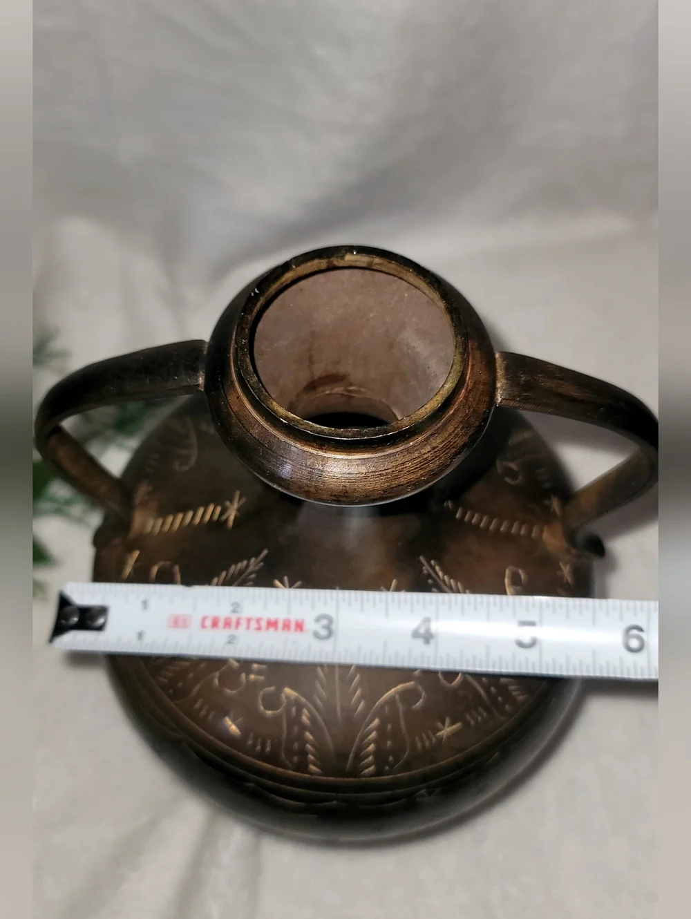 Vintage Solid Brass Amphora Vase Black Finish & Etched Designs